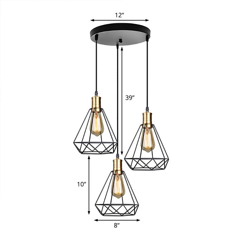 3 Köpfe hängende Lampe Bauernhaus Tränendrop -Käfig -Schatten Metallhängeln mit runden/linearen Baldachin im Messing