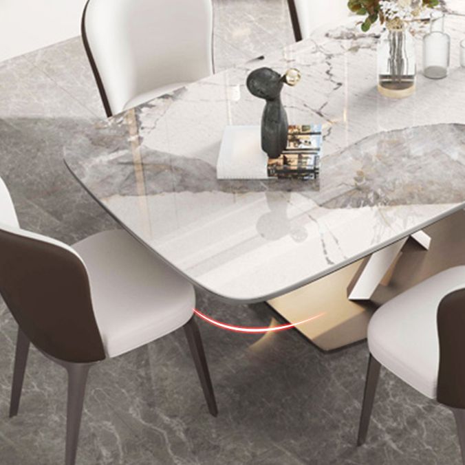 Modern Dining Table Rectangle Stone Top Table with Stainless Steel Pedestal Base