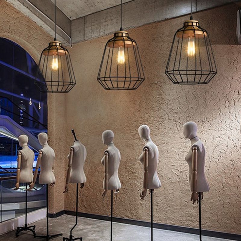 Lampada sospesa in gabbia a 1 luce Rustico in metallo in metallo illuminazione a sospensione commerciale con presa in legno