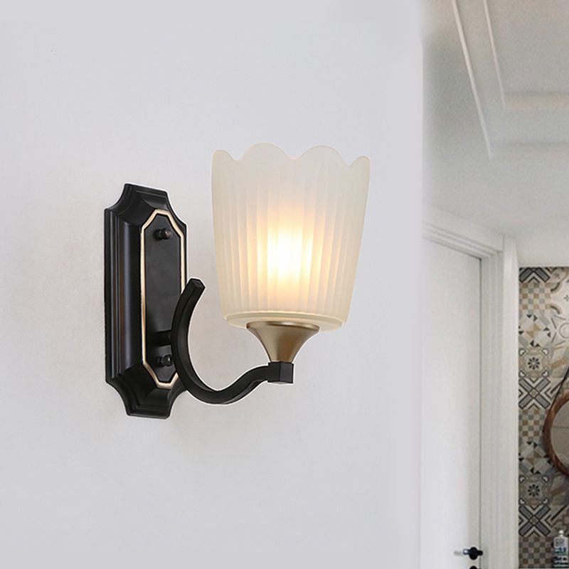 1/2-Light Scalloped Cup Wall Light Sconce Vintage Black Finish Frosted Glass Wall Mount Lamp
