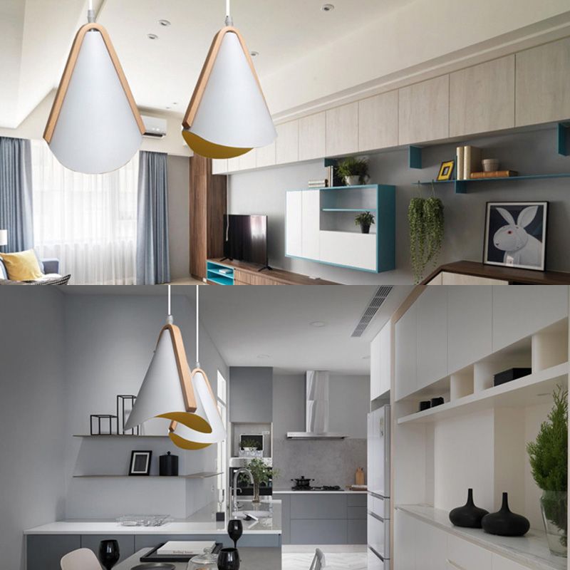 Lámpara de suspensión de diseño de metal de grano de madera nórdica de estilo nórdico de 1 luces en blanco