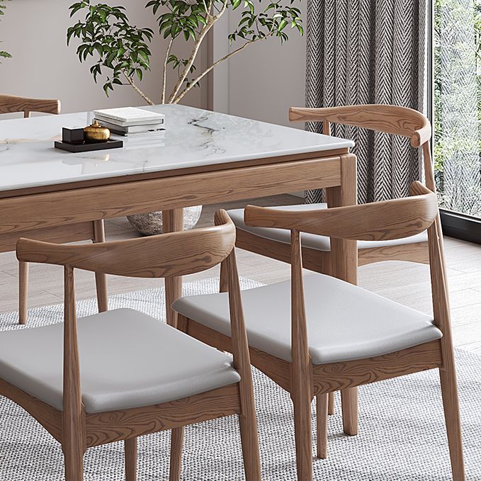 Rectangle Mid-Century Modern Dining Table White Sintered Stone Table with 4 Ash Solid Wood Legs