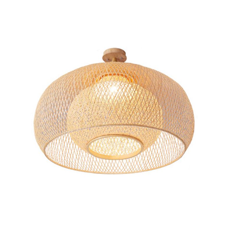 Japanese Hand Woven Semi-Flush Mount Bamboo 1 Head Close to Ceiling Lamp in Wood