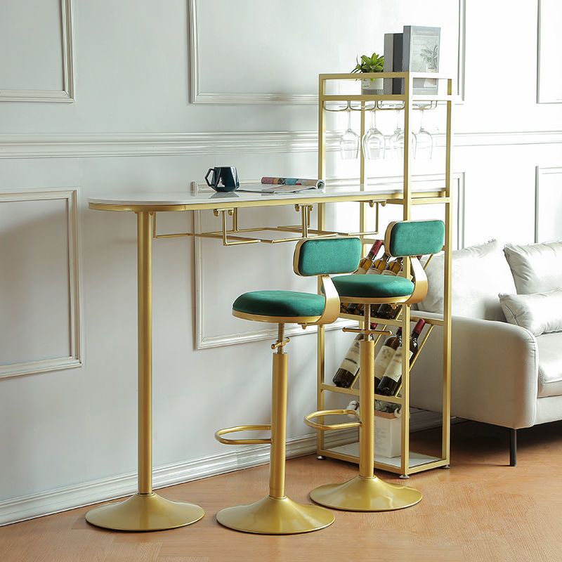 Specialty Marble Top Bar Table Glossy White Glam Pub Table with Wine Storage