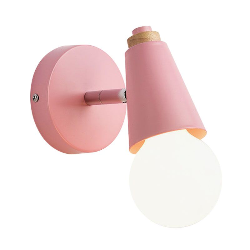 Macaron Loft Sweet Cone Wall Light with Metal/Wood Backplate Rotatable Single Light Wall Lamp in Blue/Green/Pink for Corridor