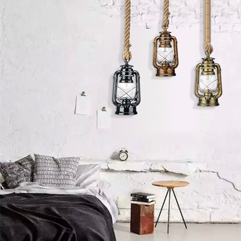 Transparent Glass Kerosene Lantern Ceiling Lamp Nautical 1 Head Bedside Pendant with Hemp Rope