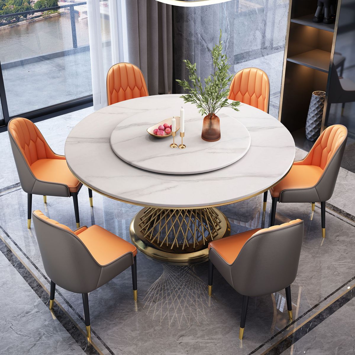 Metal Traditional Luxury Round Indoor Table Sintered Stone Table with Pedestal