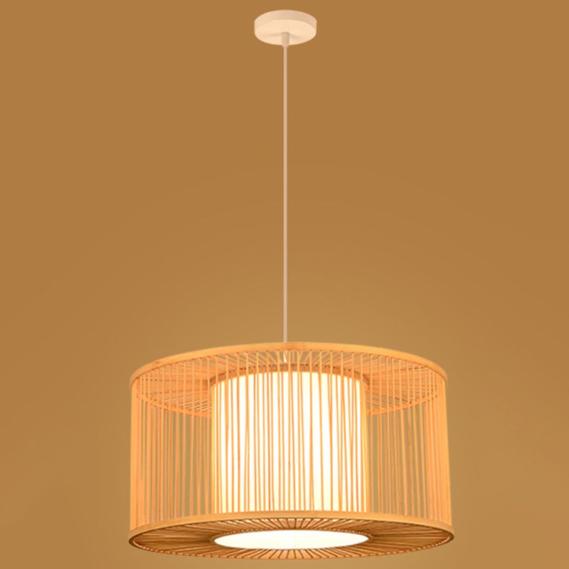Asian Style Simplicity Hanging Light Bamboo & Imitation Sheepskin Double Shade 1 Light Pendant Lamp