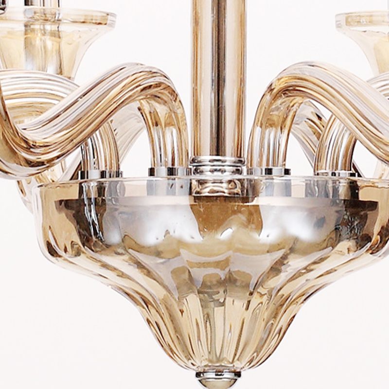 Vintage Curvy Arm Chandelier Lighting 6 Heads Clear/White/Black Glass Hanging Pendant Lamp in Chrome for Living Room