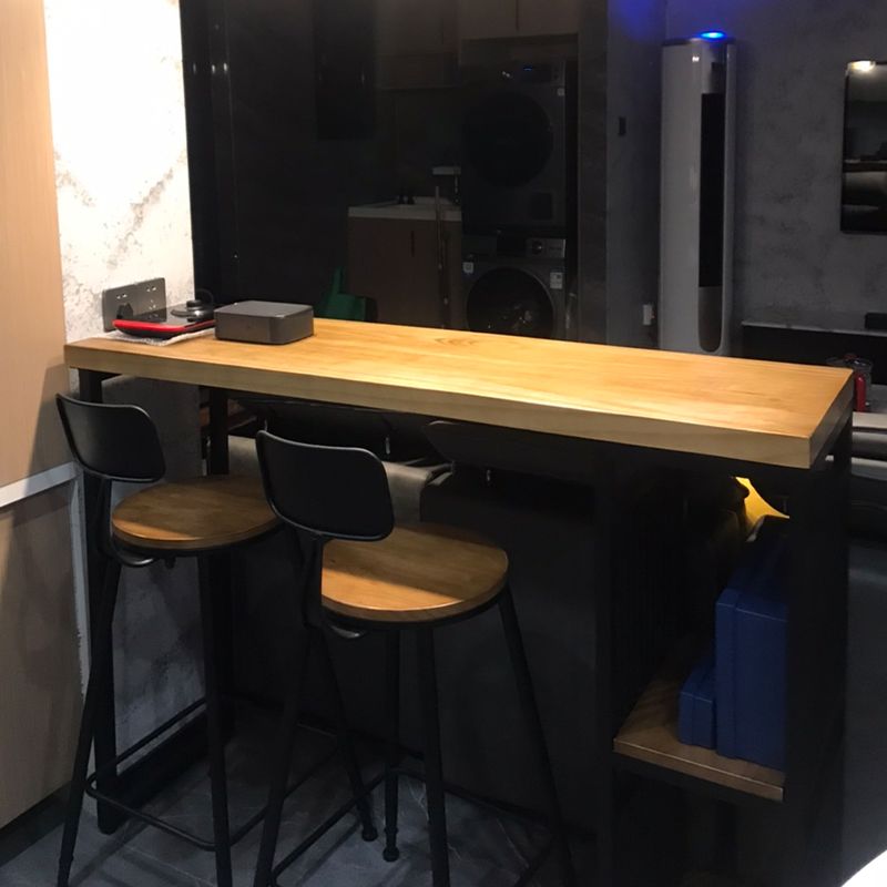 Double Pedestal Bar Pub Table Set 3 Pcs Solid Wood and Iron Bar Table and Stools