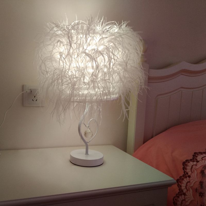 White Feather Night Table Lighting Modern 1-Bulb Fabric Desk Lamp for Bedside with Crystal Drop
