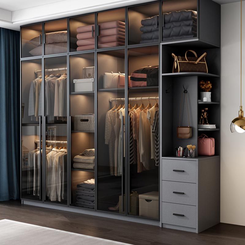 Modern Style Hinged Door Wardrobe for Bedroom Grey Cabinet with Glass Doors