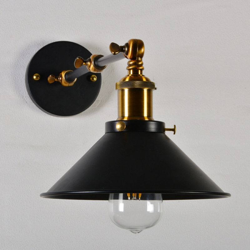 8"+8"/12"+12" W 1 Bulb Cone Wall Light Warehouse Black/White and Brass Iron Swing Arm Task Wall Lamp for Bedroom