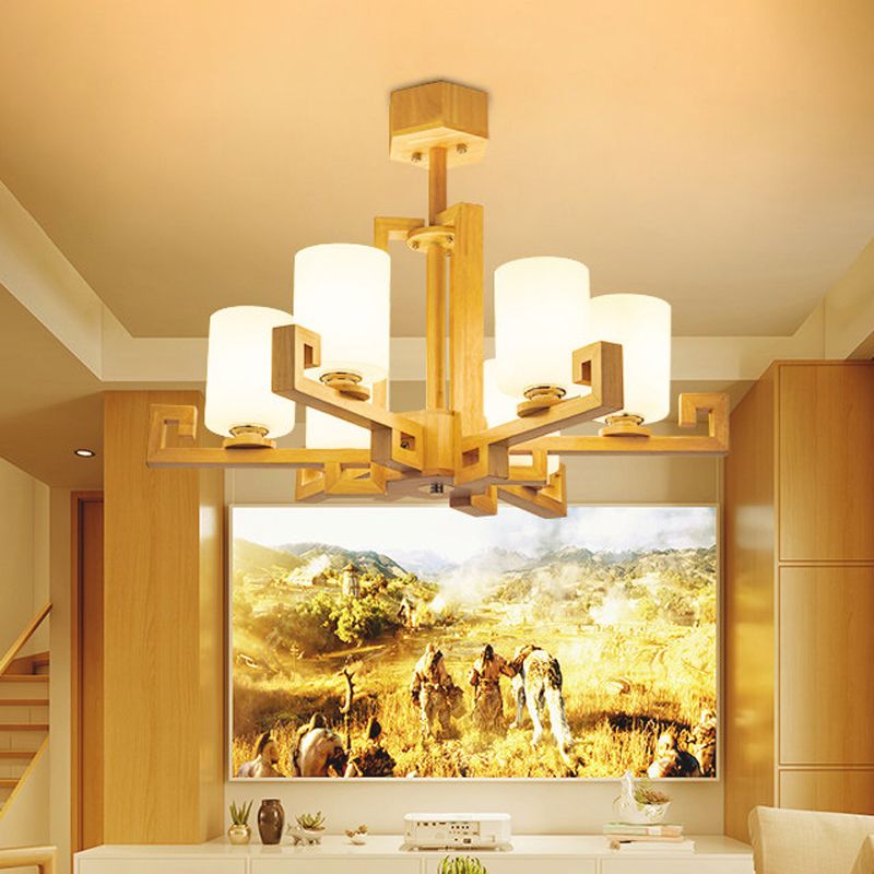 6 têtes salle à manger plafonnier lustre modernisme kit de lampe suspendue beige avec cylindre une nuance en verre blanc