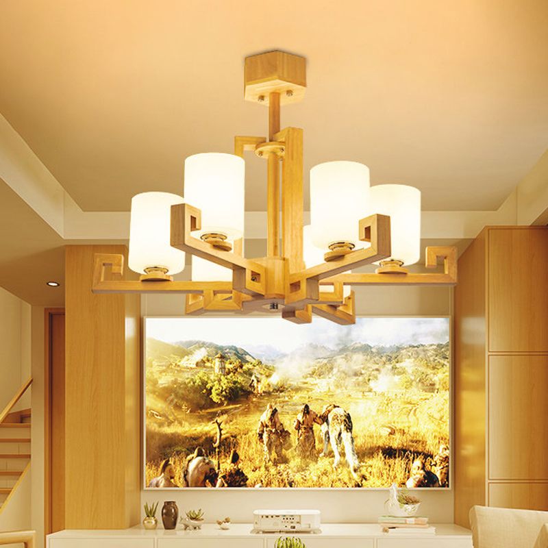 6 Heads Dining Room Ceiling Chandelier Modernism Beige Hanging Lamp Kit with Cylinder White Glass Shade