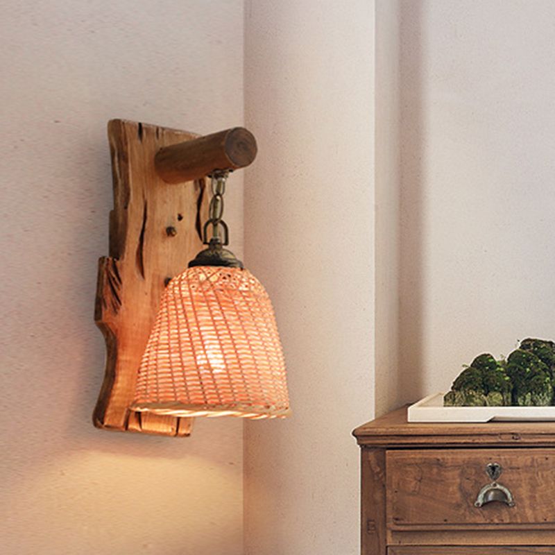 Wood Cone/Cylinder Wall Lamp Traditional 1 Head Beige Sconce Light Fixture with Rectangle Backplate