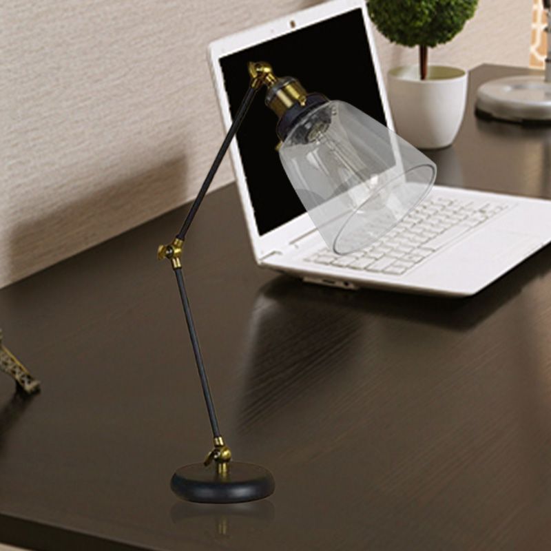 Iluminación de escritorio de un escritorio negro lámpara de lectura cónica de vidrio transparente industrial con brazo oscilante