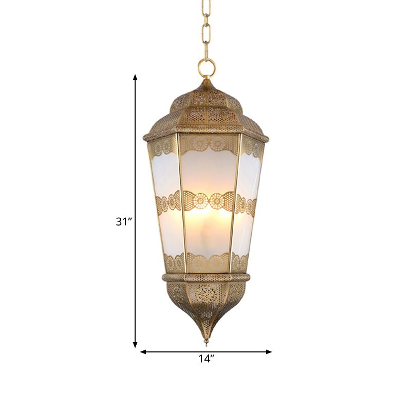 Metal Lantern Chandelier Southeast Asia 3 Bulbs Restaurant Pendant in Brass with Frosted Glass Shade