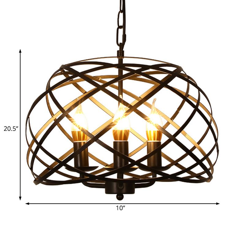 Black 3 Lights Chandelier Light Fixture Country Metal Caged Pendant Lamp for Dining Room