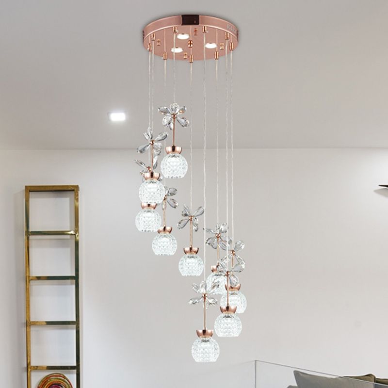Floral Staircase Multi Light Pendant Crystal Modern LED Hanging Lighting with Dome Shade in Rose Gold