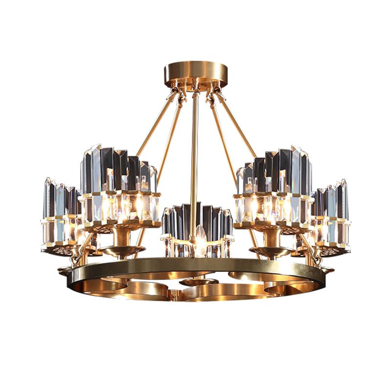 5 Heads Circular Hanging Ceiling Light Modern Gold Tri-Sided Crystal Rod Pendant Chandelier