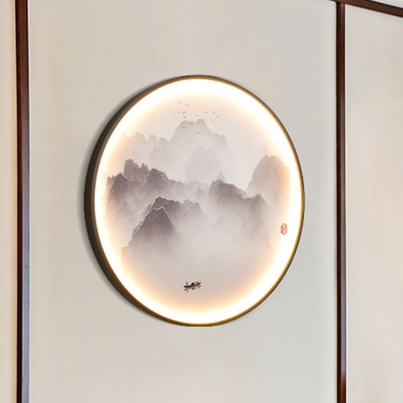 Misty Mountains/Carp Fish Mural Lamp Chinese Style Fabric Sitting Room LED Wall Mounted Light in Black