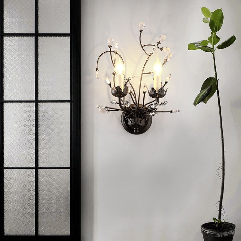 Crystal Candle Shape Wall Sconce Modern Style 2 Lights Wall Light Fixture in Black