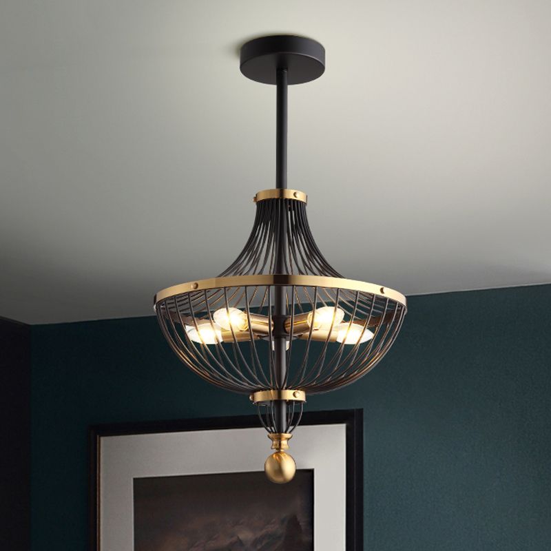 5 Leuchten Eisendecke Kronleuchter Vintage Schwarz Finish Korb Käfig Esszimmer Hängende Lichtkit Hängende Leichtkit