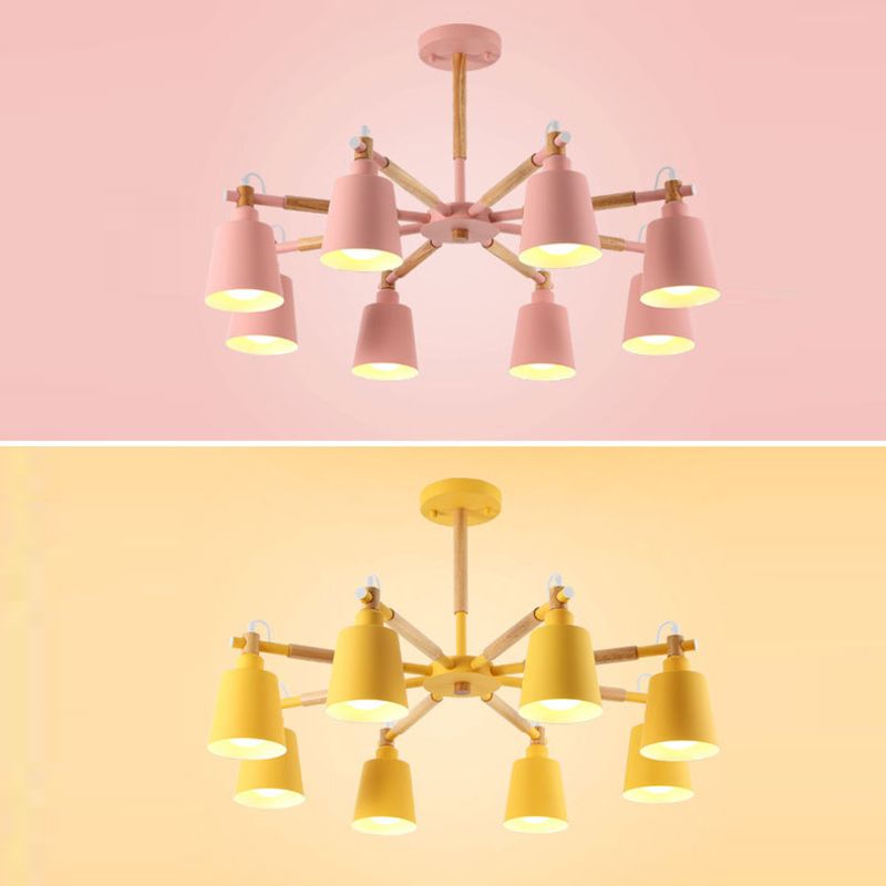 Cone Shade Metal Hanging Lamp Macaron Style Wood Chandelier for Living Room