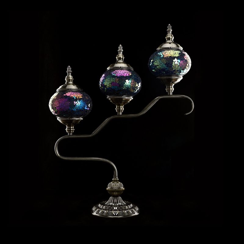 3 Heads Stained Glass Night Light Mediterranean Red/Orange/Blue Tower Bedroom Table Lamp with Step Design