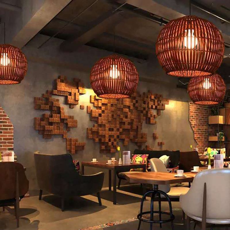 Spherical Hand-Woven Pendant Asia Art Deco 1 Bulb Bamboo Hanging Light for Dining Table