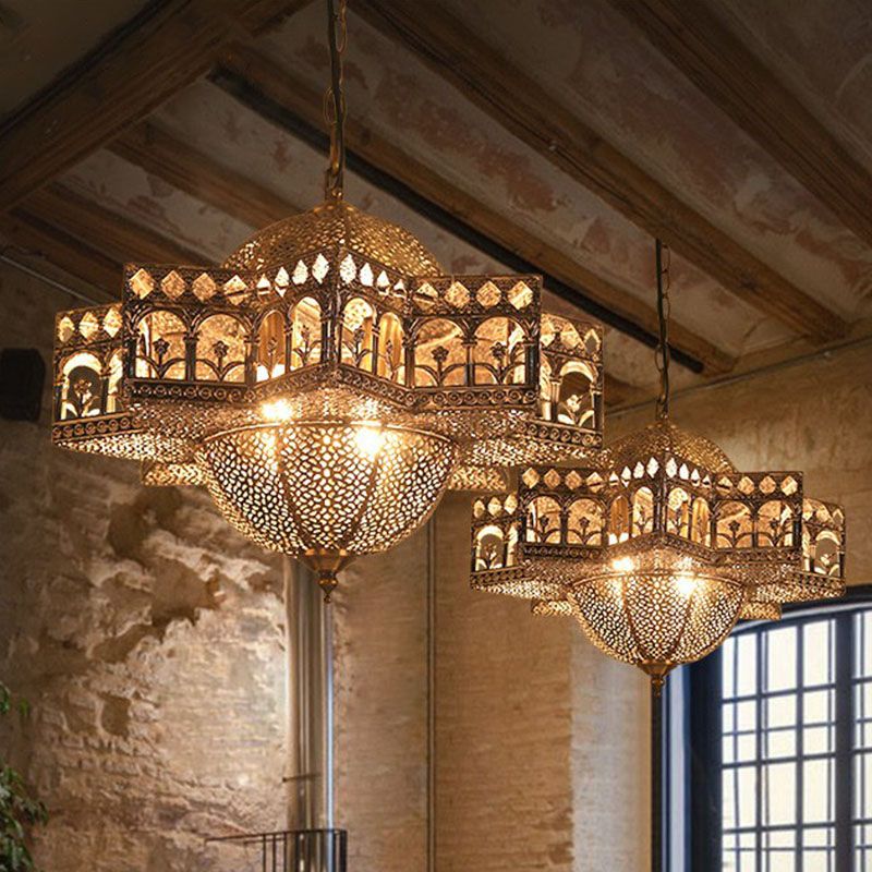 Metallic Hollow out Pendant Light Vintage 8 Bulbs Restaurant Suspension Light Fixture in Bronze