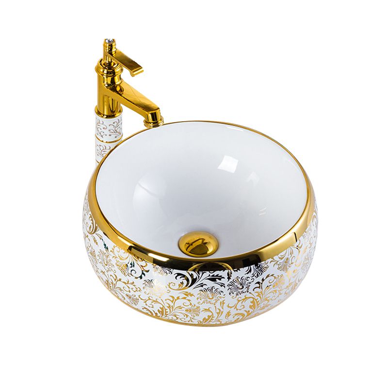 Modern Bathroom Sink Porcelain Round Hand Painted with Overflow and Faucet Wash Stand