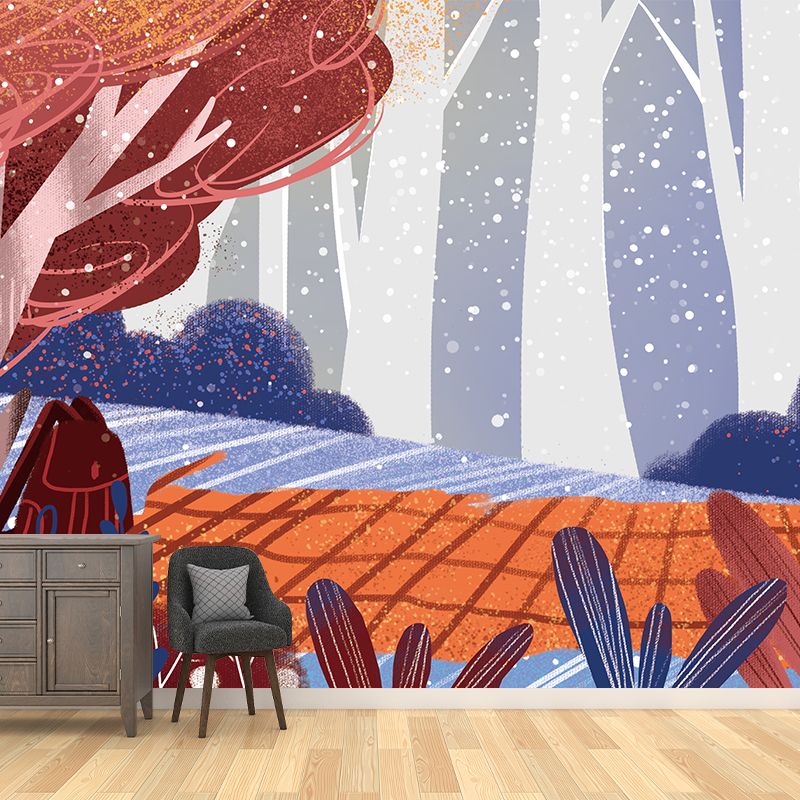 Picnic in the Forest Mural Blue-Brown Childrens Art Wall Covering for Bedroom, Non-Woven Cloth