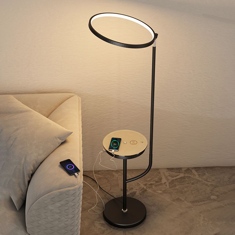 Lámpara de sombra de anillo ajustable lámpara de metal minimalista LED negro de pie con bandeja