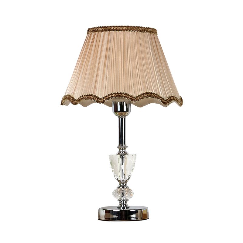 1 Light Scalloped Nightstand Light Countryside Beige Fabric Table Lamp with Crystal Accent