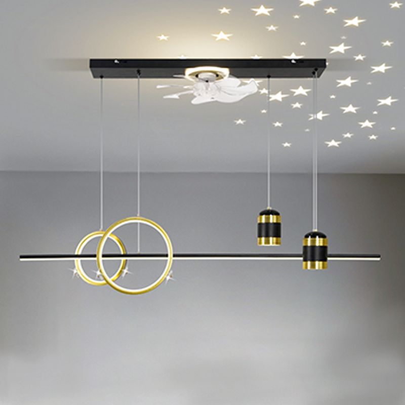 Geometric Island Lights Modern Metal Island Lamp with Fan in Black and Gold