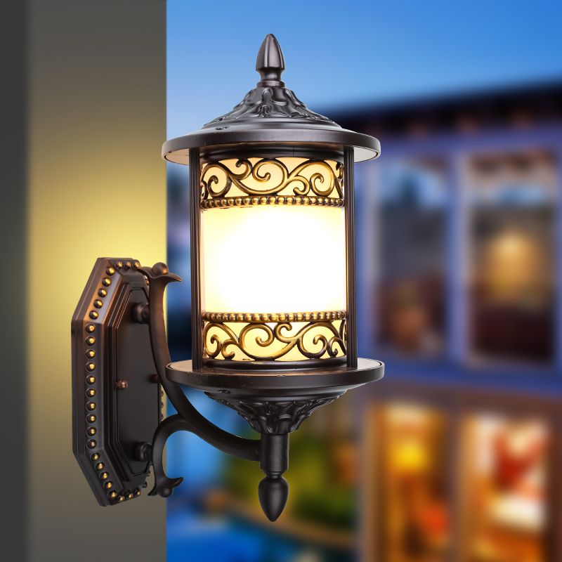 Swoop Opal Glass Sconce Lamp Countryside Single Head Courtyard Wall Light in Dark Coffee