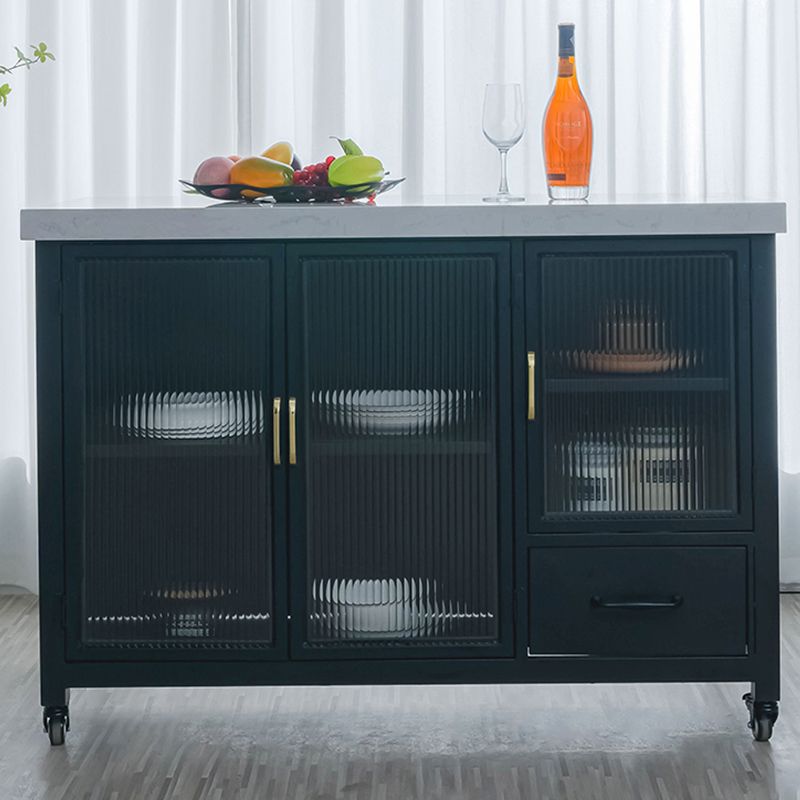 Faux Marble Rectangle Kitchen Island Cart with Glass Storage Cabinet
