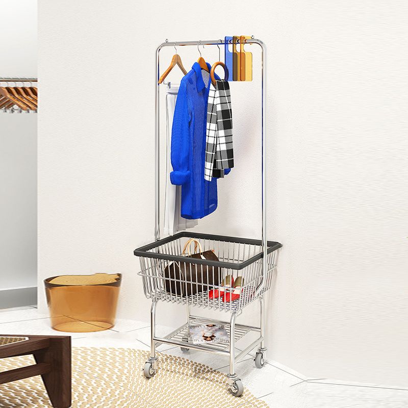 Industrial Metallic Coat Hanger Free Standing Coat Rack with Storage Basket