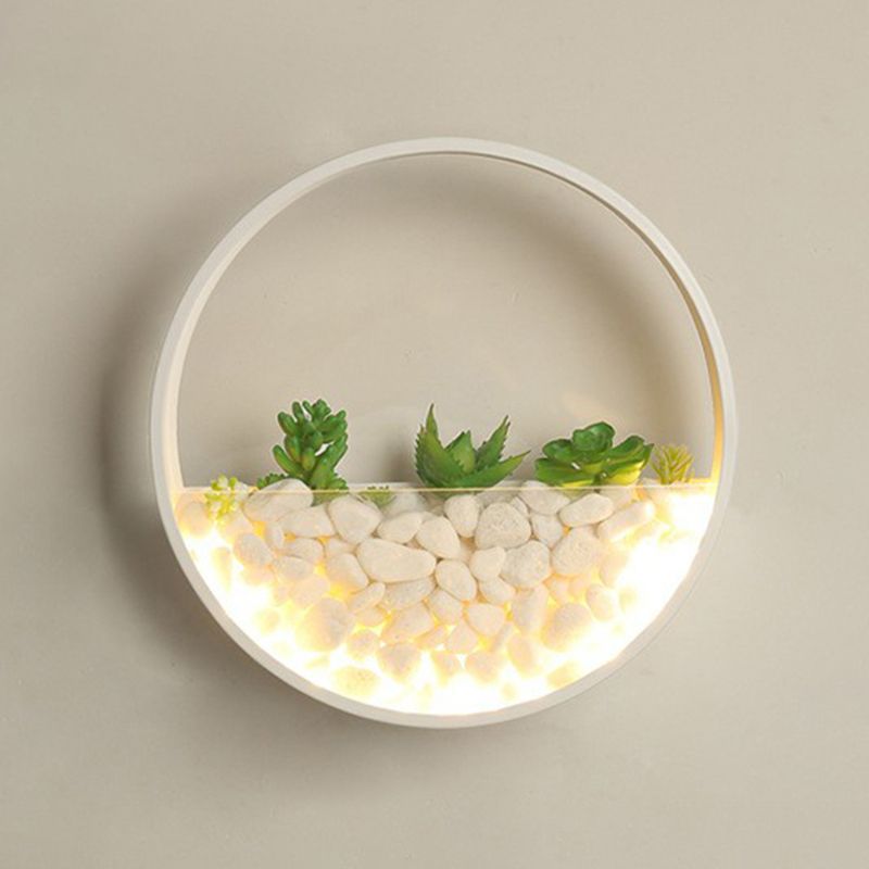 Metal Halo LED Sconce Light Art Deco Wall Mounted Light with Cobblestone and Imitation Plant