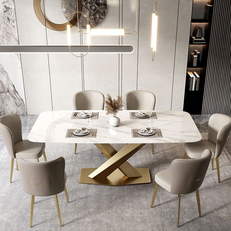 Metal Traditional Luxury Rectangle Table White Sintered Stone Table with Pedestal