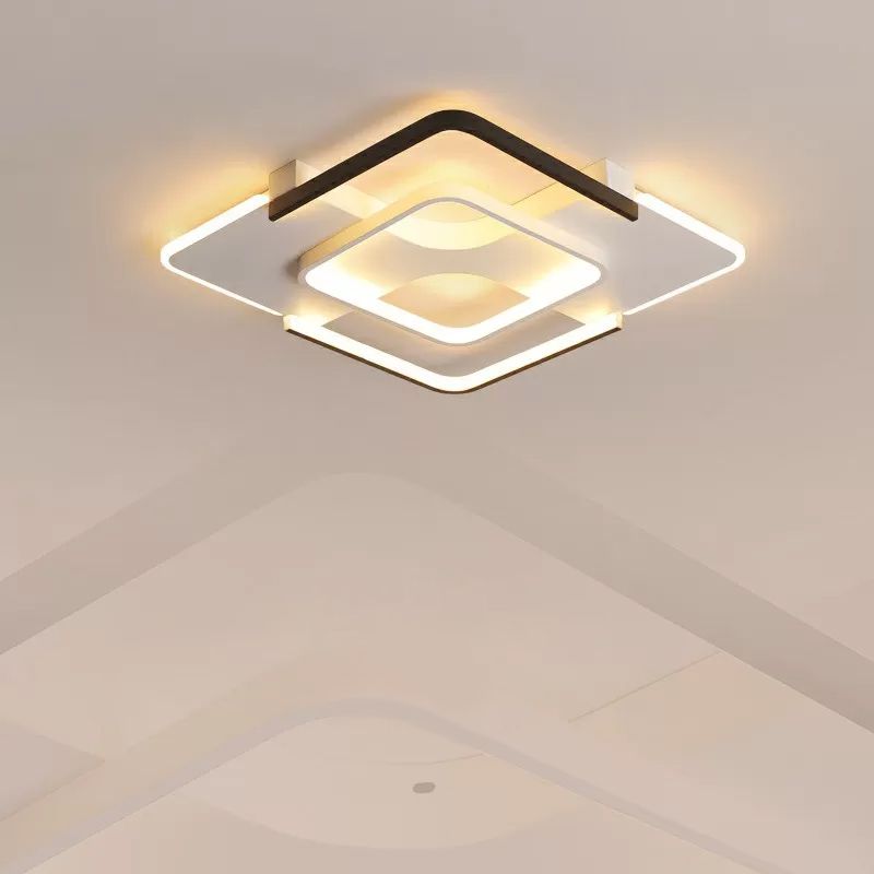 Minimalism LED Ceiling Flush Mount Black and White Square Flush Light with Acrylic Shade in Warm/White/3 Color Light, 16"/19.5" Wide