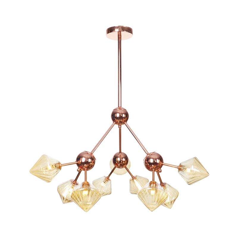 Amber Glass Diamond Hanging Chandelier Modernism 9 Bulbs Rose Gold Pendant Light Fixture