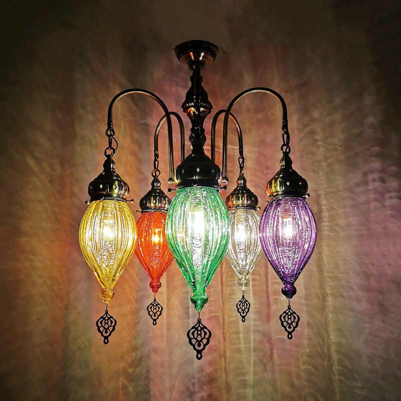 5 Heads Gourd Chandelier Light Traditional Red/Yellow/Green Ribbed Glass Hanging Light Kit