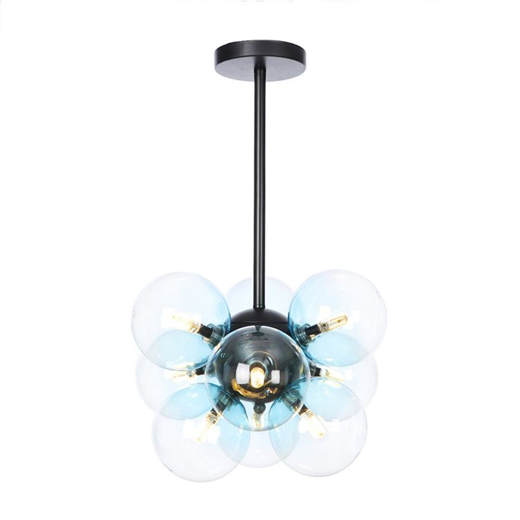 Lámpara de techo para sala de estar con 9 luces de vidrio gris/blanco/rojo iluminación semi empotrada de globo minimalista en negro/latón/cromo