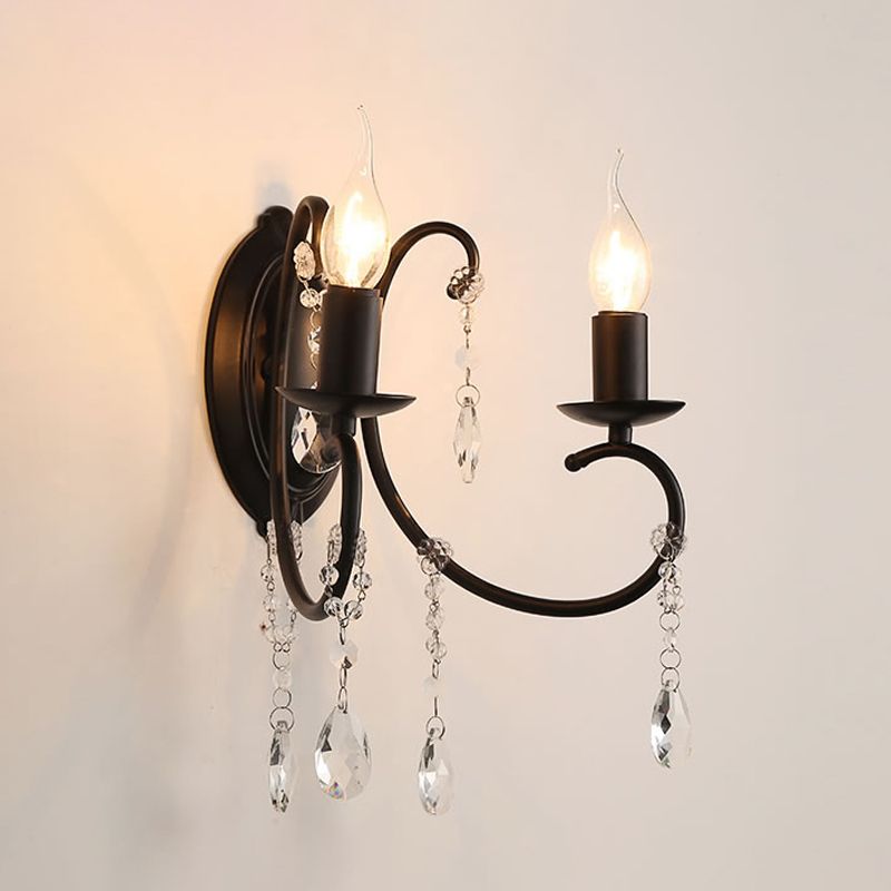 Black Candle-Style Wall Lamp Fixture Country Metal 2 Heads Corridor Crystal Wall Lighting Idea