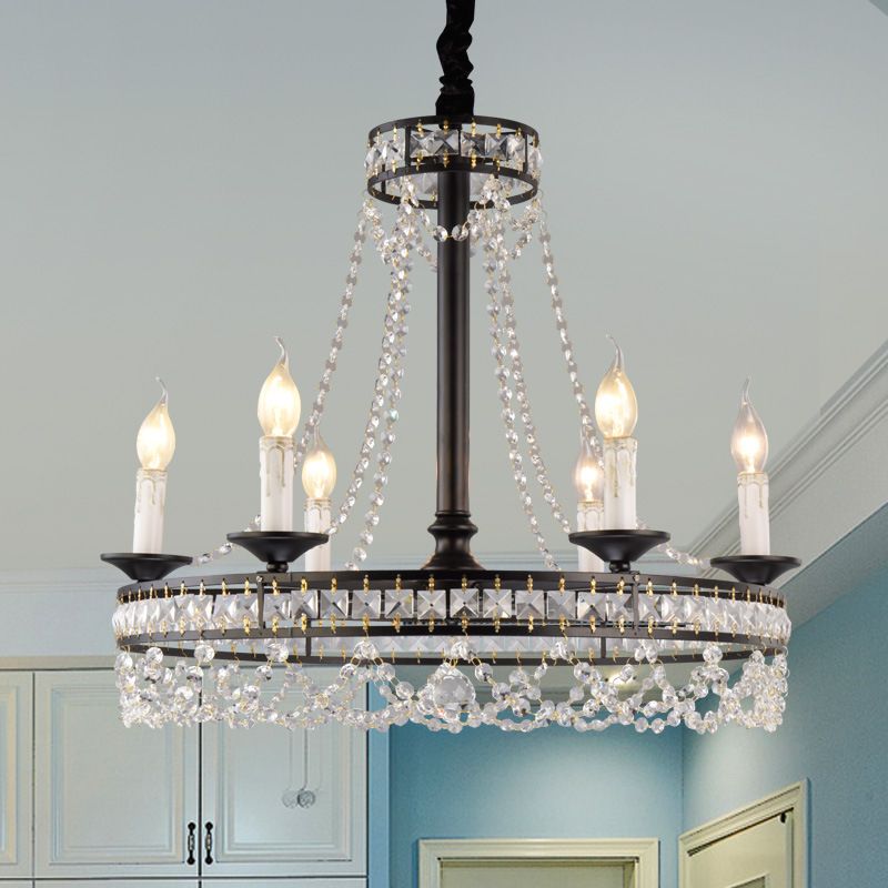 Black Round Chandelier Lamp Nordic Crystal 4/6/8 Heads Pendant Lighting Fixture for Living Room