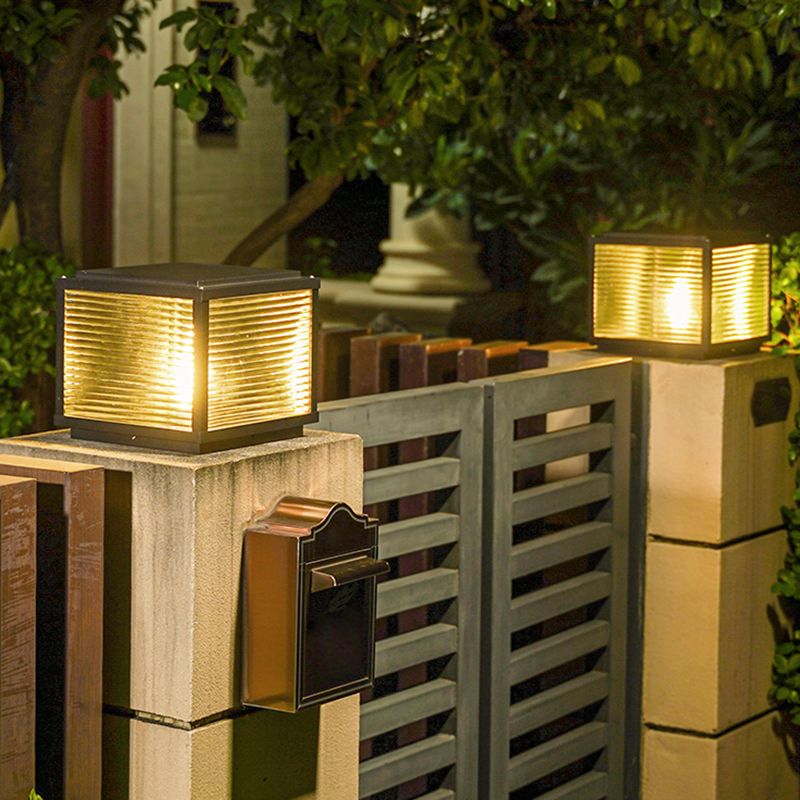 Rectangular Shape Metal Solar Pillar Lamp Modern Style 1 Light Outdoor Lights in Black