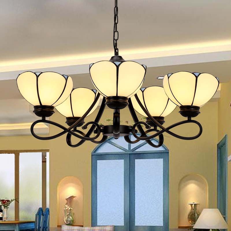 3/5 Lights Scalloped/Cone Hanging Chandelier Baroque White/Yellow/Beige Glass Suspension Lighting for Living Room with Curved Arm